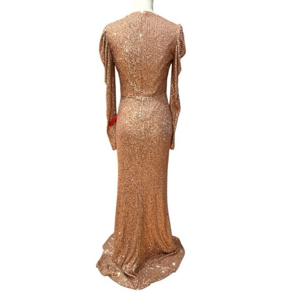 NWT Mac Duggal Copper Sequin Juliet Sleeve Trumpet Gown Size 4 $398 - Picture 8 of 9